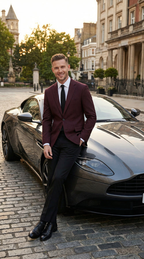 Mens Burgundy Pinstripe Blazer Classic Tailored Formal Jacket for Business, Office and Evening Wear