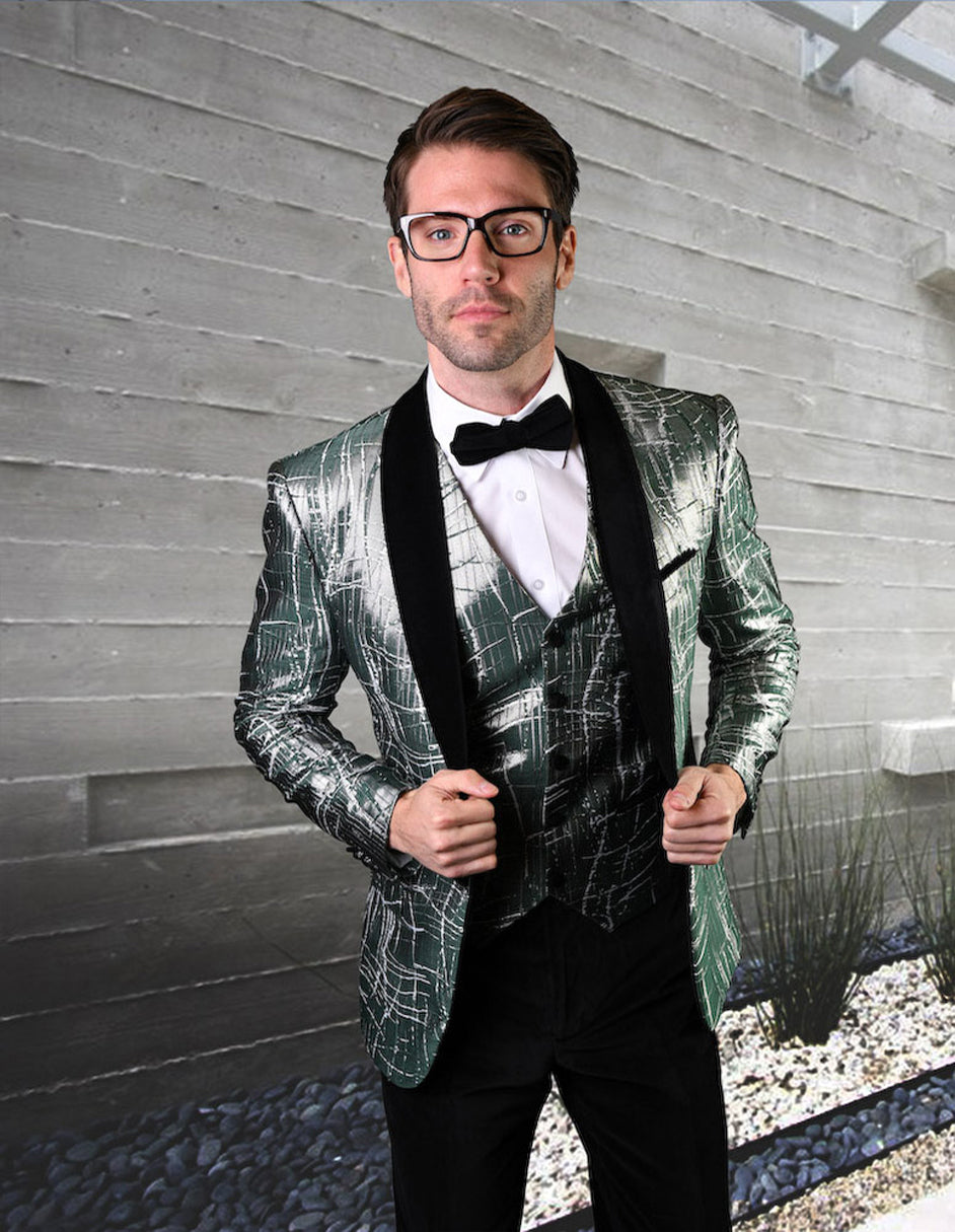 Mens One Button Organic Print Shiny Prom Tuxedo in Green - 42 Short