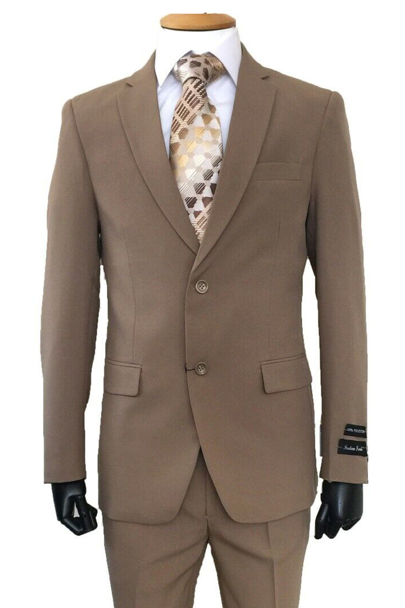 "Tan Slim Fit Poplin Basic Suit for Men - 2 Button Style" - 36 Regular