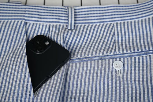 Mens Seersucker Pants - Summer Casual Pinstripe Modern Fit in Color Navy Blue