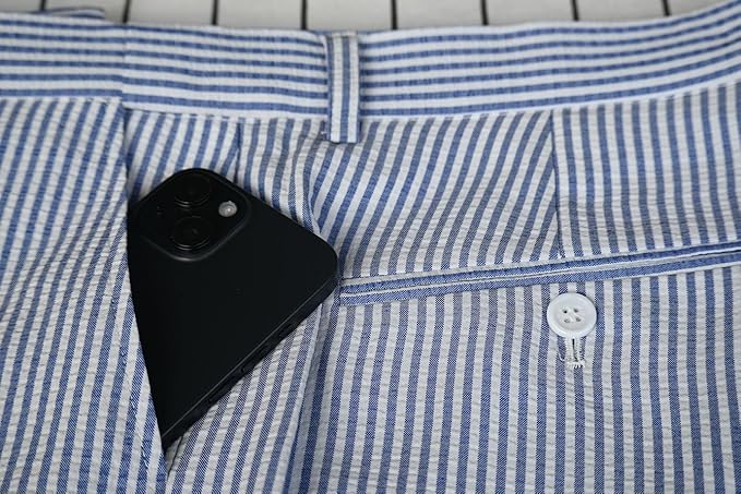 Mens Seersucker Pants - Summer Casual Pinstripe Modern Fit in Color Navy Blue - dress size pants : 28 Unfinished bottom
