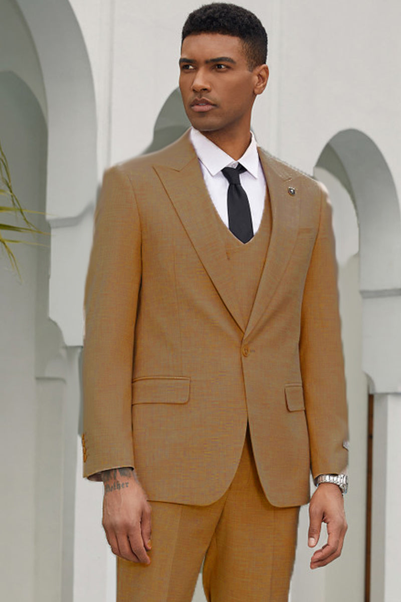 "Stacy Adams Suit Men's Summer Suit - One Button, Khaki, Double Breasted Vest"