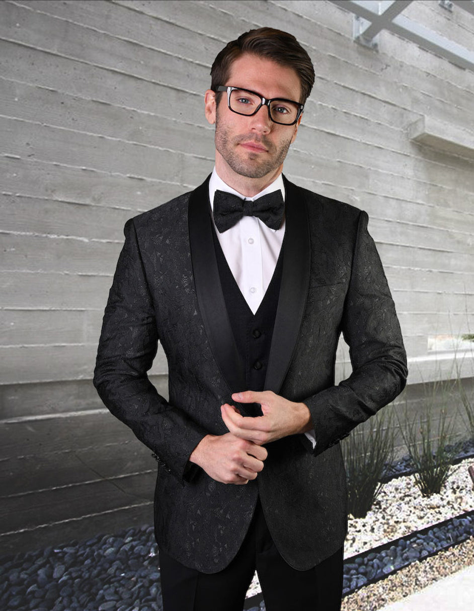 Mens Vested Geometric Leaf Pattern Tuxedo in Black - 34 Short