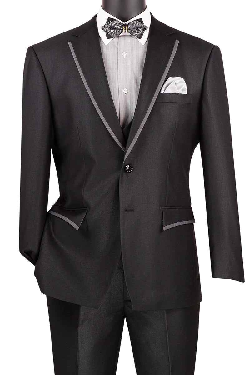 "Black Men's Modern Fit Tuxedo Suit with Double Breasted Vest - Satin Trim"