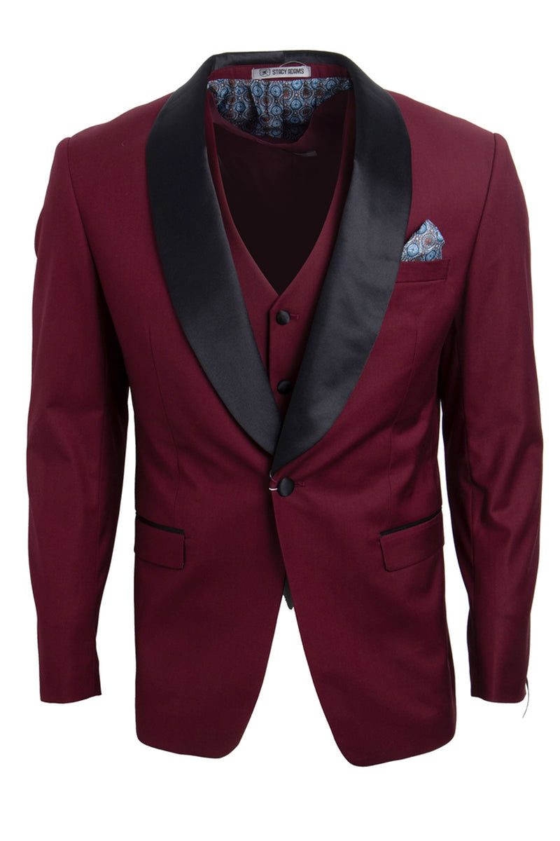 "Mens Stacy Adams Suit - Stacy Adams Suit Men's Vested Shawl Lapel Tuxedo - One Button, Burgundy" - 34 Regular