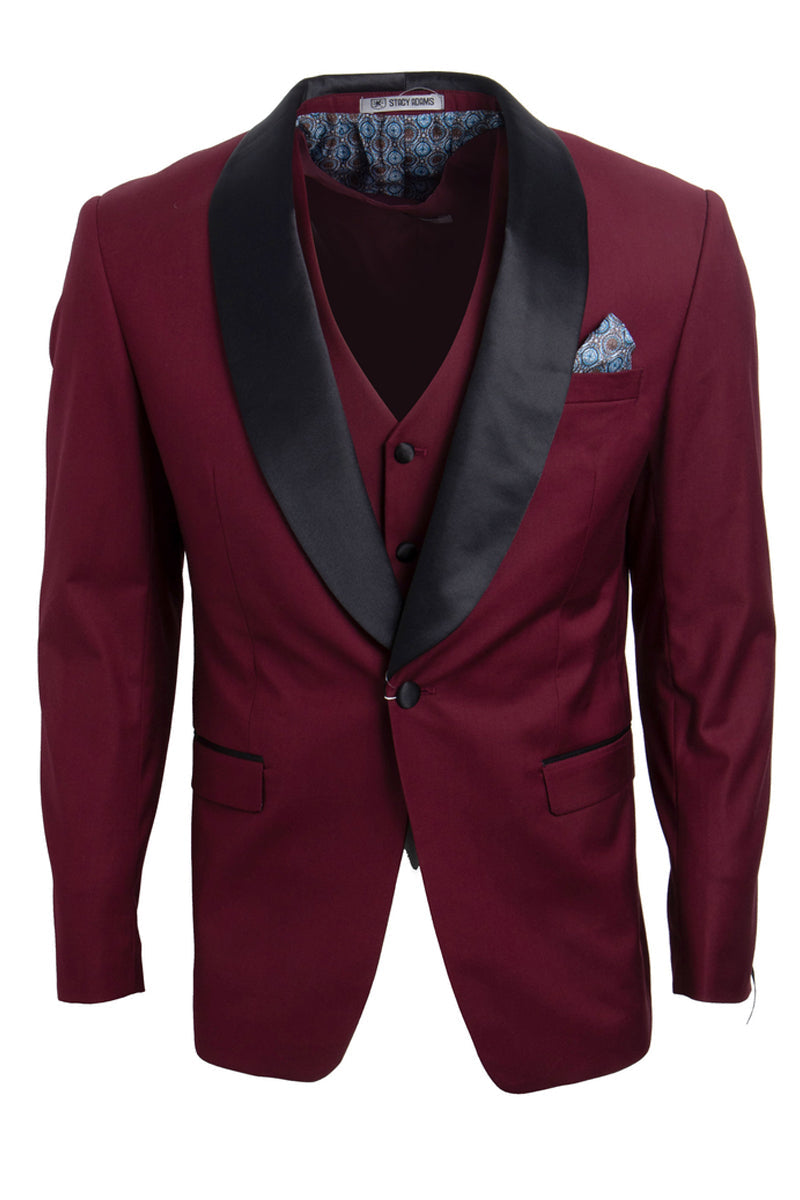 "Stacy Adams Men's Vested Shawl Lapel Tuxedo - One Button, Burgundy"