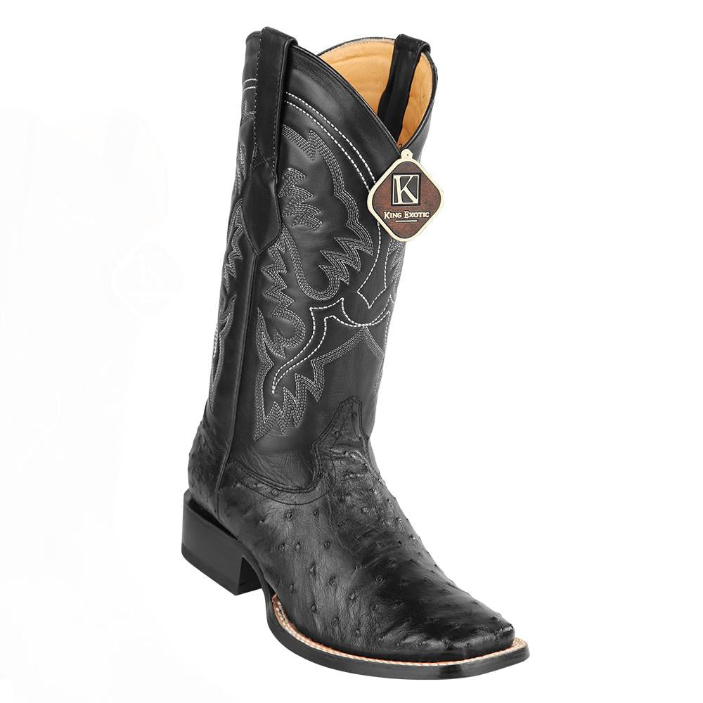 King Exotic Men's Ostrich Square Toe Boots - Black