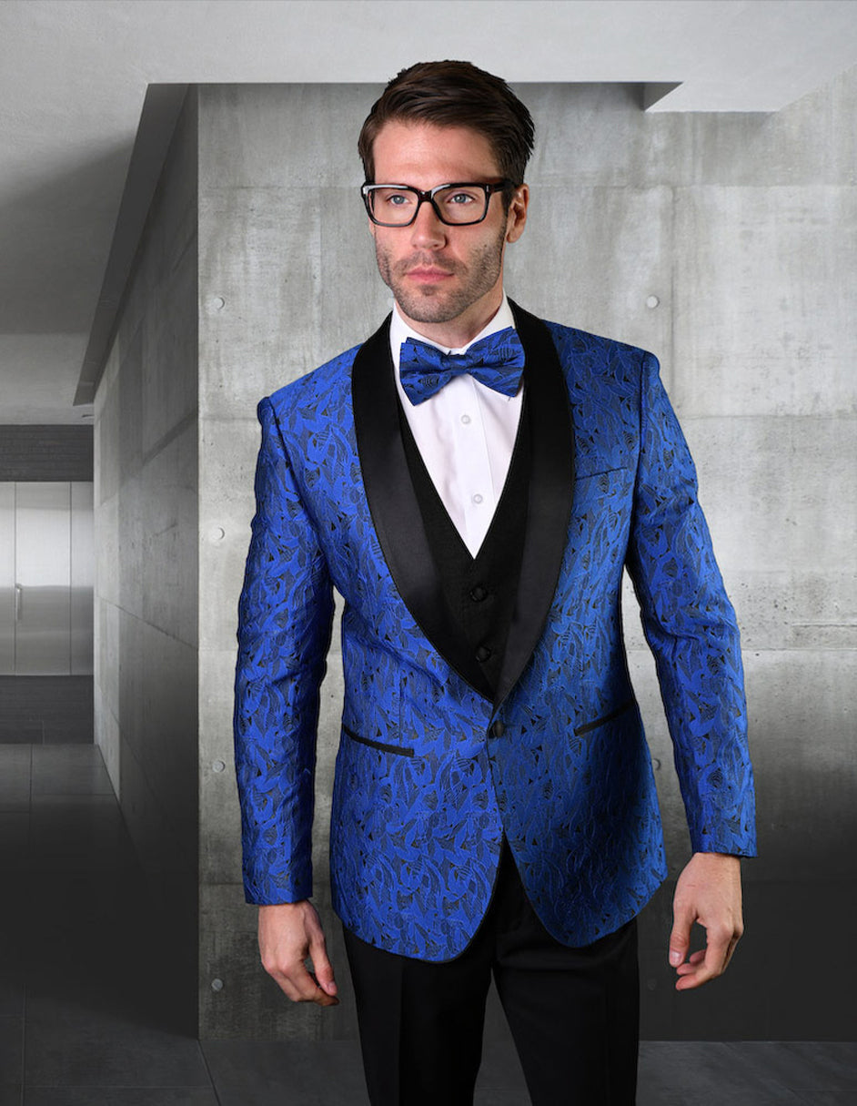 Mens Vested Geometric Leaf Pattern Tuxedo in Royal Blue - 34 Short