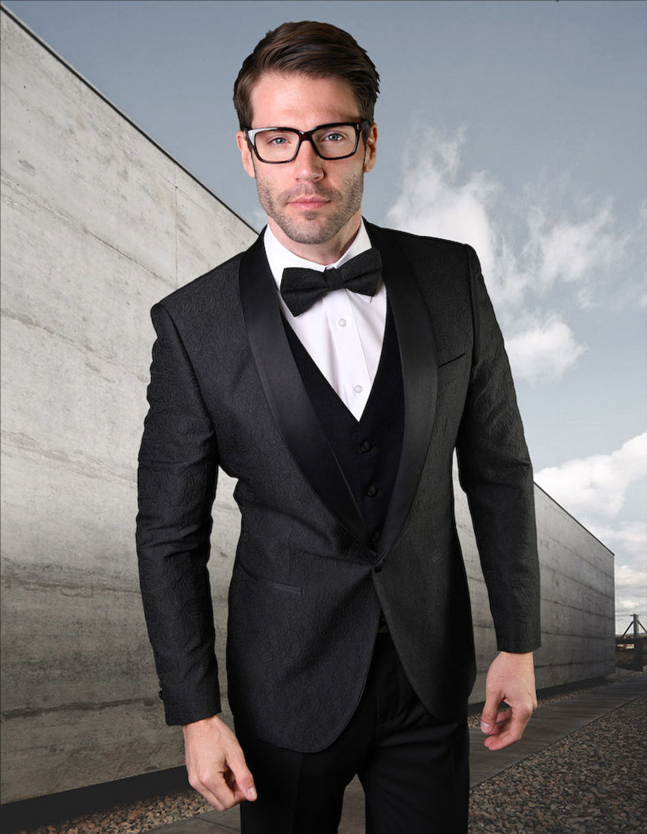 Mens Vested Lace Pattern Tuxedo in Black - 34 Short