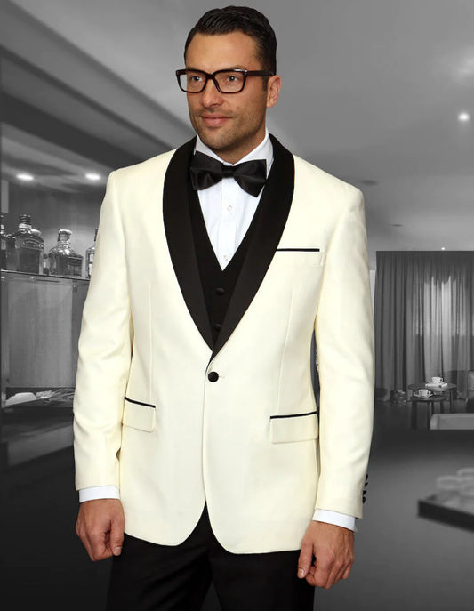 "Mens Wool Ivory Dinner Jacket Tuxedo Suit with Black Pants & Vest"