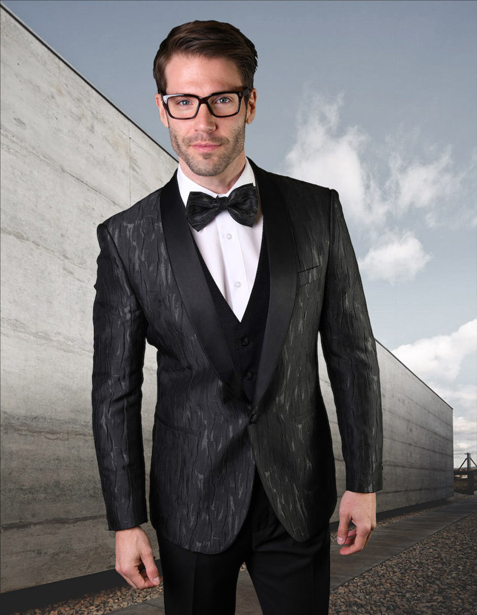 Mens Vested Vertical Texture Print Tuxedo in Black - 34 Short
