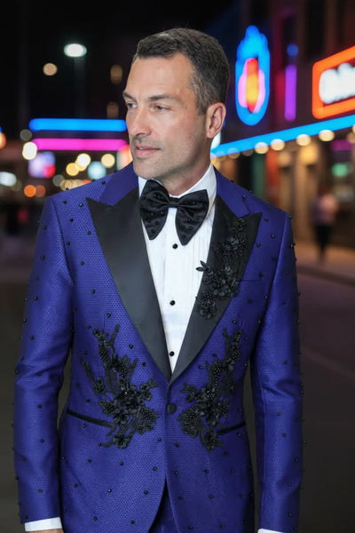 Men’s Parini Royal Blue Embellished Suit – Modern Fit Peak Lapel Prom & Formal Suit