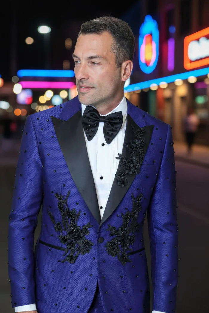 Men’s Parini Royal Blue Embellished Suit – Modern Fit Peak Lapel Prom & Formal Suit - 34 Short or Extra Small