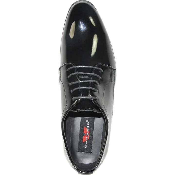 MENS CLASSIC PLAIN TOE SHINY PATENT TUXEDO OXFORD DRESS SHOE IN BLACK