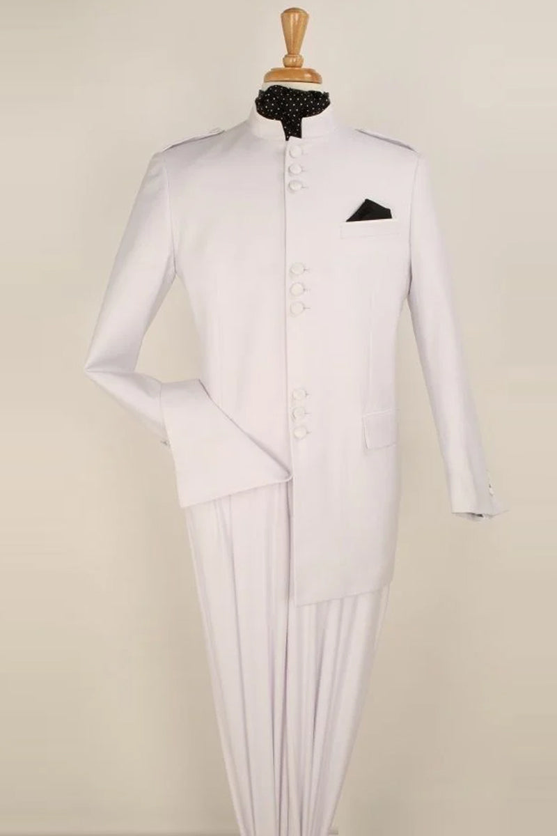 "White Classic Military Safari Suit - Men's Mandarin Banded Collar"