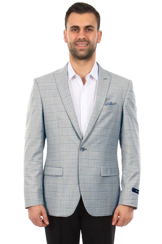 "Light Blue Windowpane Plaid Sport Coat for Men - Two Button Style"