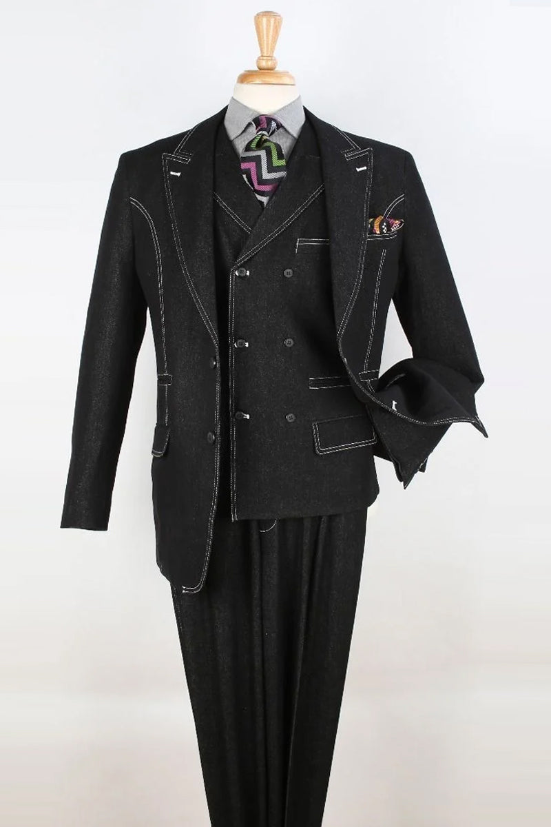 "Black Denim Suit: Men's Double Breasted Vest with Two Button Peak Lapel"