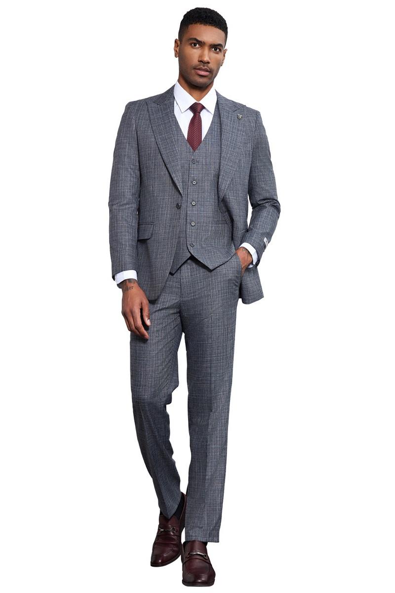 Men's Stacy Adams Vested Sharkskin Weave Pattern Suit in Grey - 38 Regular