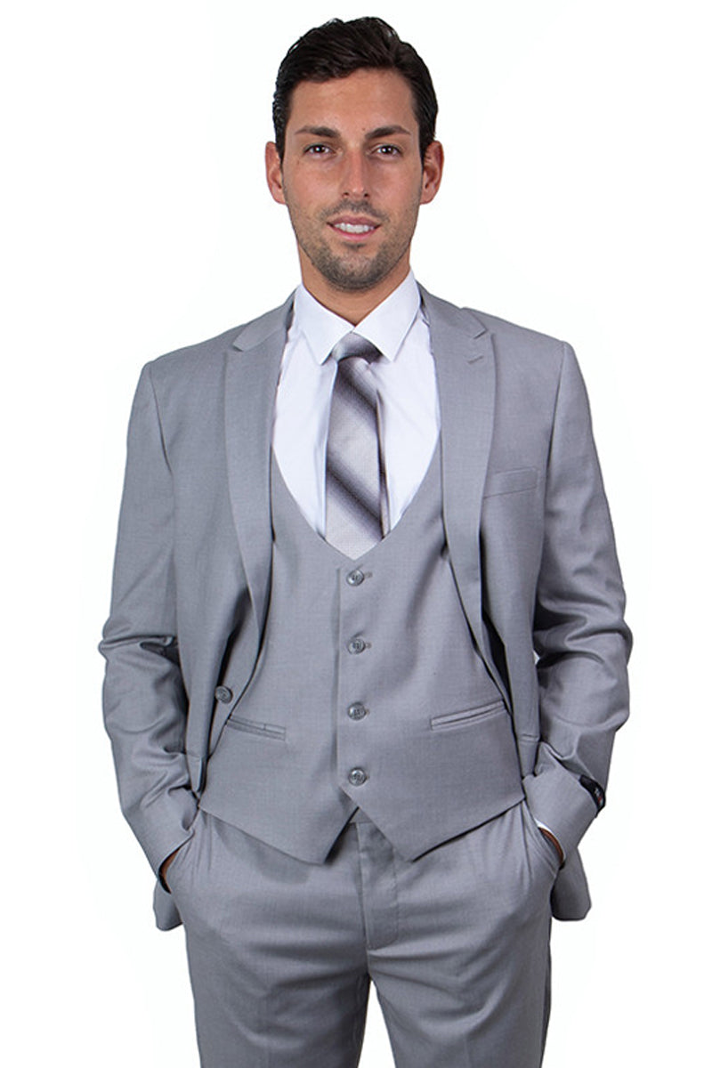 "Men's Skinny Wedding Suit - One Button, Peak Lapel, Lowcut Vest, Light Grey"