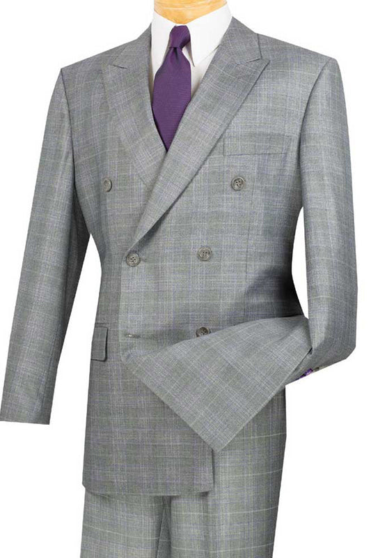 Mens Classic Wool Feel Double Breasted Glen Plaid Suit in Grey-New Designer Collection