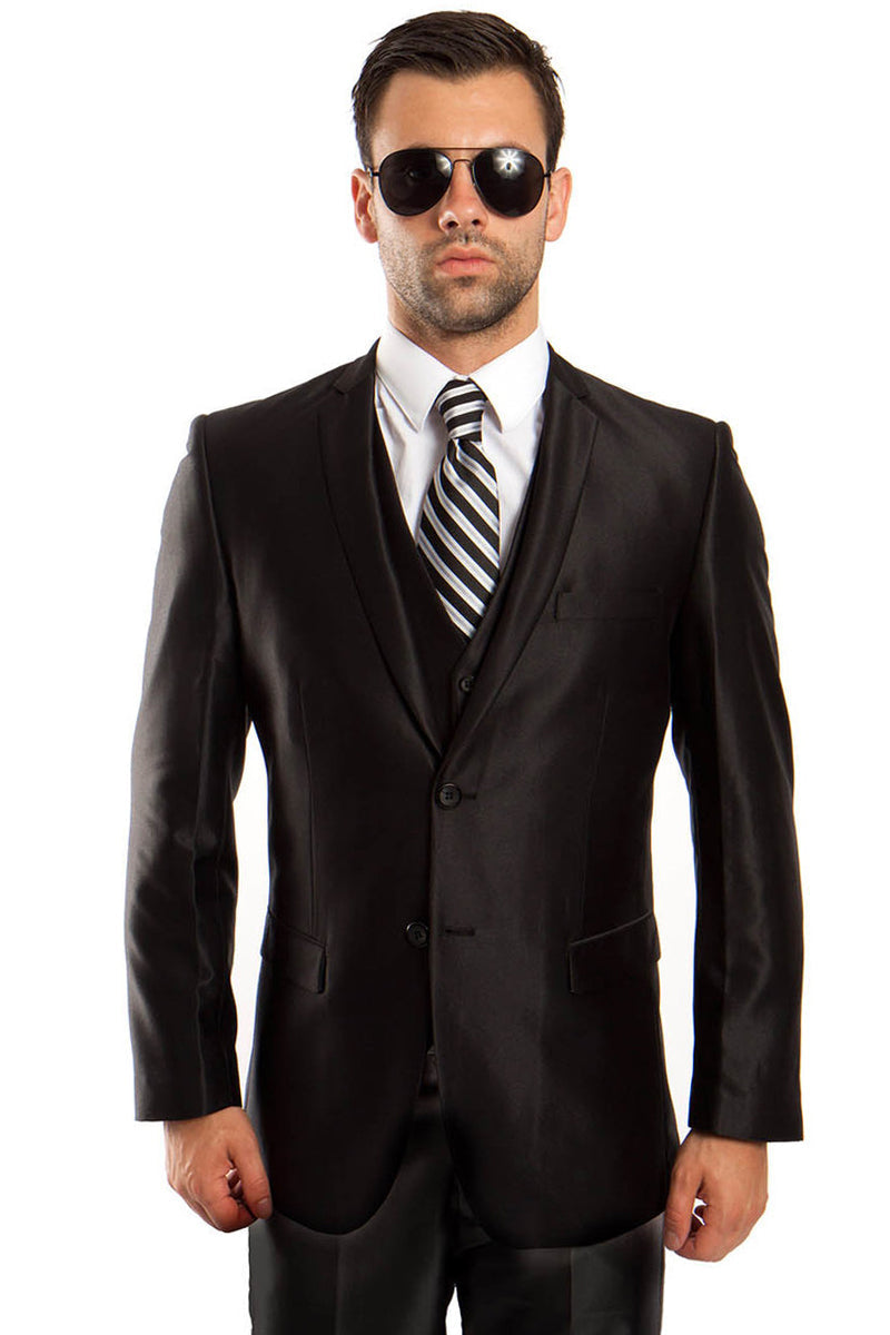 "Black Sharkskin Men's Wedding & Prom Suit - Two Button Vested Fashion"