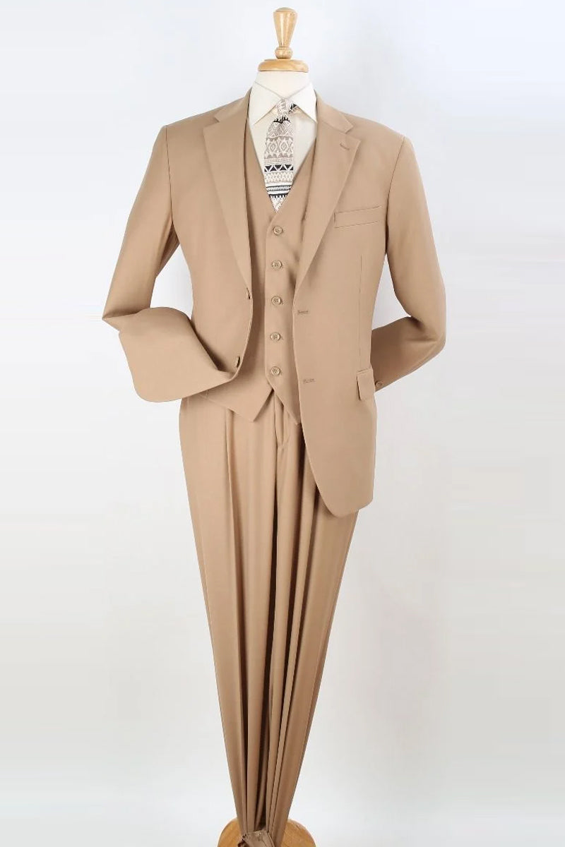 "Classic Fit Men's Vested Suit with Two-Button Pleated Pants in Camel" - 36 Regular