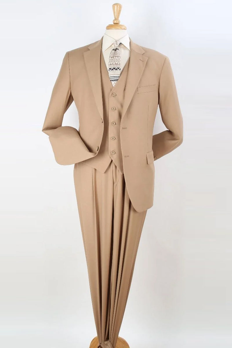 "Classic Fit Men's Vested Suit with Two-Button Pleated Pants in Camel"