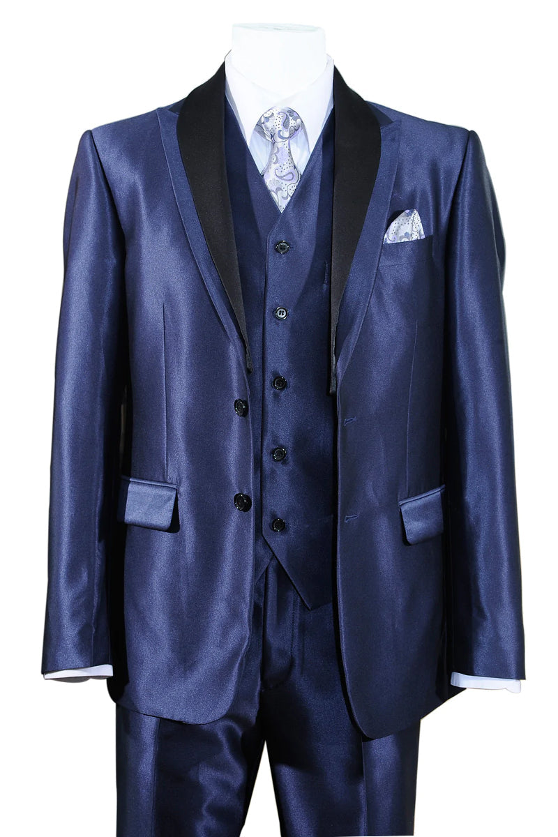 "Sharkskin Tuxedo Suit: Slim Fit, 2-Button Vested, Men's Navy Blue"