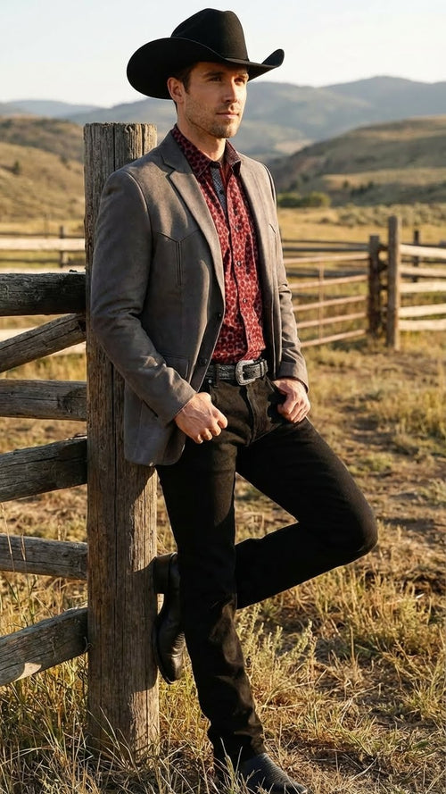 Mens Charcoal Gray Western Faux Suede Blazer Double Button Cowboy Jacket for Wedding & Party Wear