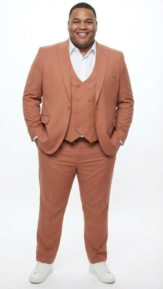 Men’s Light Rust - Peach Color - Salmon Color  3 Piece Suit Set with Vest, Classic Formal Wedding Prom Business Dress Suit