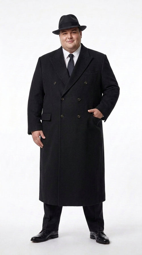 Men’s Godfather Black Double-Breasted Long Overcoat – Vintage Mobster Gangster Coat
