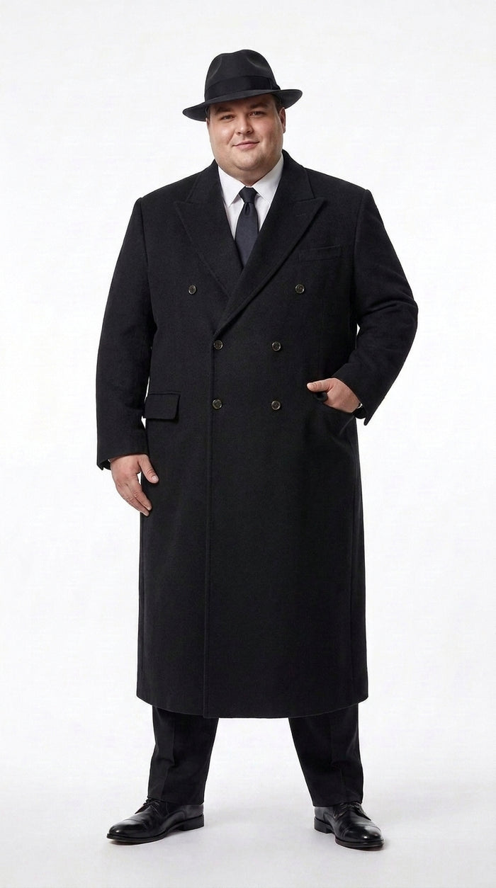 Men’s Godfather Black Double-Breasted Long Overcoat – Vintage Mobster Gangster Coat