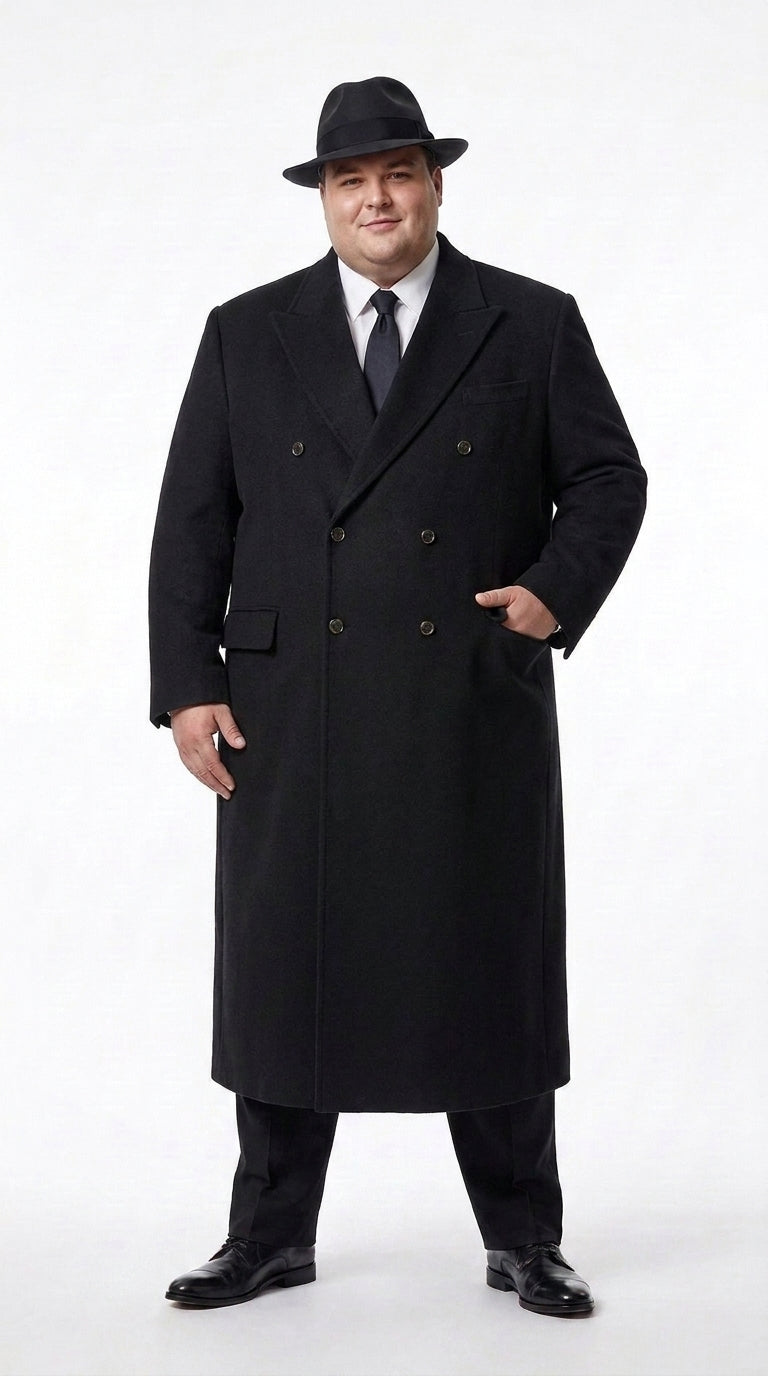 Men’s Godfather Black Double-Breasted Long Overcoat – Vintage Mobster Gangster Coat