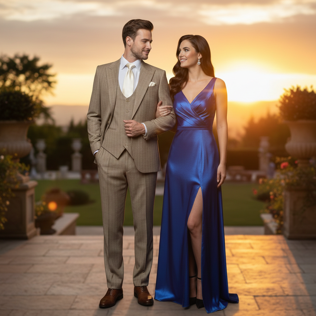 Men’s Beige Pinstripe Three-Piece Suit – Classic Fit Formal Suit with Vest and Flat-Front Pants in Tan Stripe By Rossiman - 34 Short or Extra Small