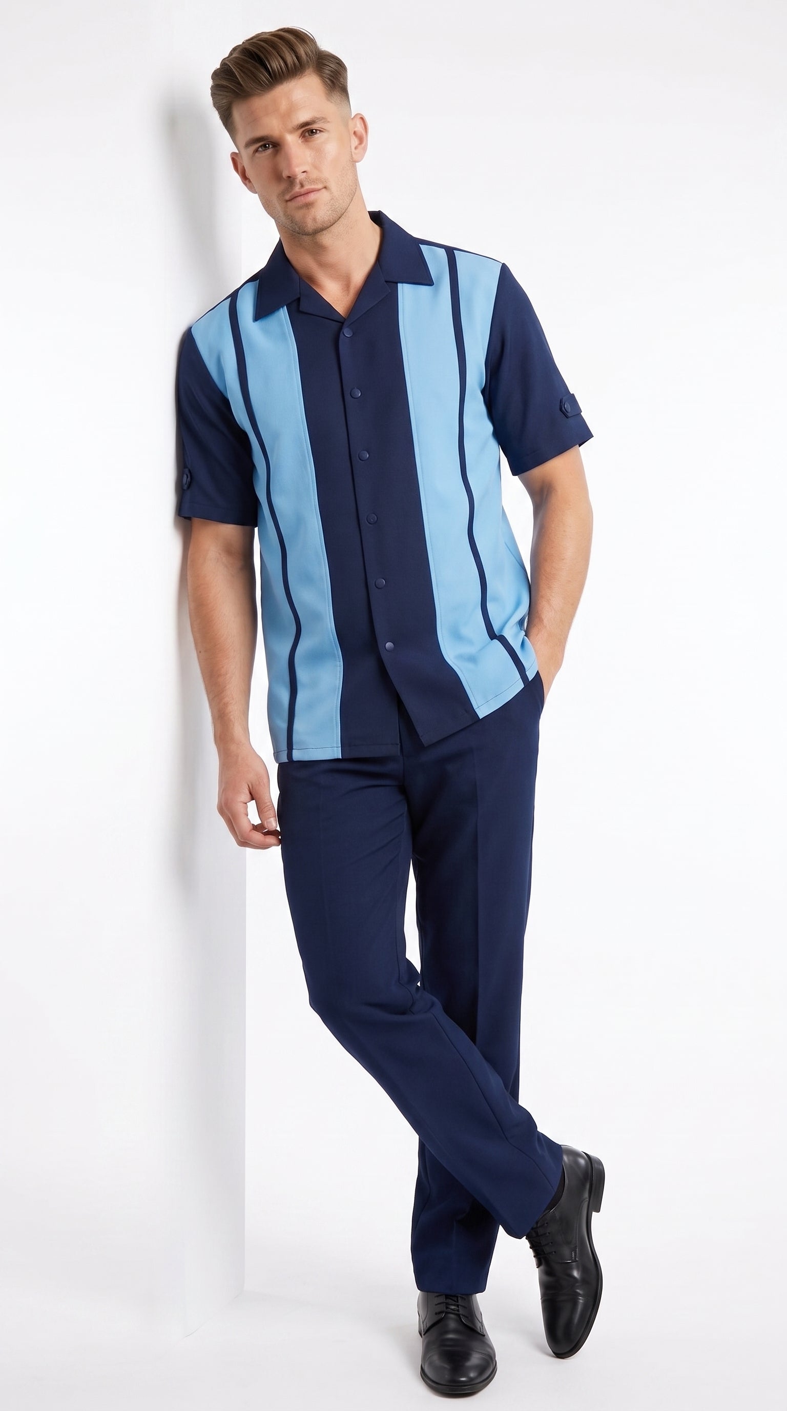 Men’s Navy and Sky Blue Walking Suit – 2-Piece Short Sleeve Casual Leisure Outfit - Small