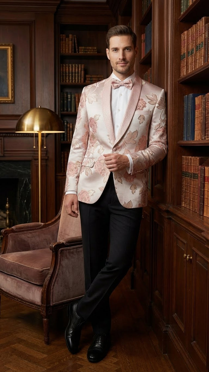 Mens Pink Blush Floral Jacquard Blazer with Embellished Shawl Lapel - Luxury Party and Wedding Wear Jacket