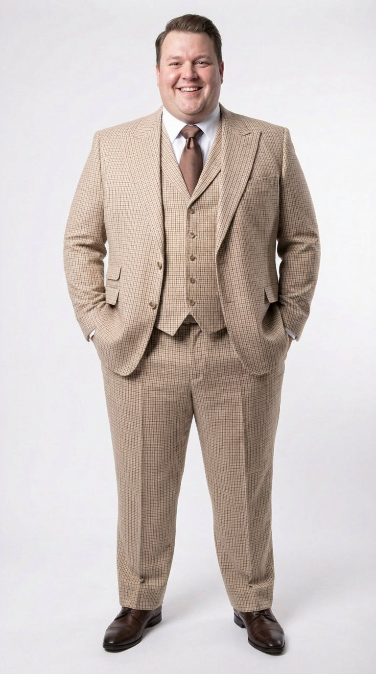 Men’s Beige tan Checkered Three Piece Suit with Classic Fit Wide Leg Pleated Pants by Rossiman khaki color - 34 Short or Extra Small