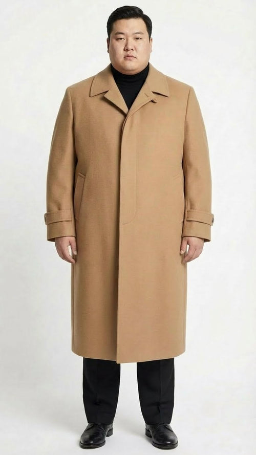 Mens Full-Length Camel Overcoat Classic Long Microfiber-Blend Coat for Winter and Formal Wear Maxi Duster Coat