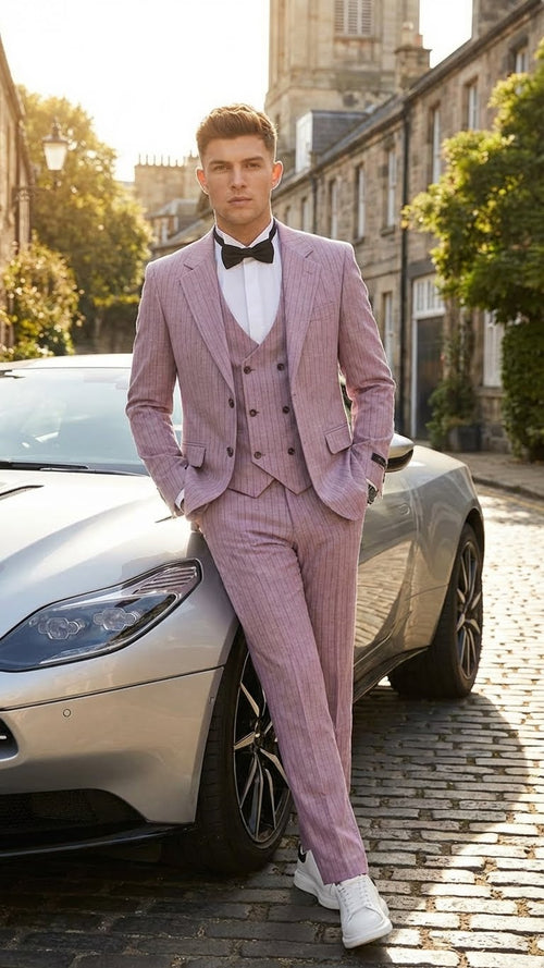 Mens Dusty Rose Pink Pinstripe Three Piece Suit with Vest | Wedding and Party Formal Wear Prom or Church Suit