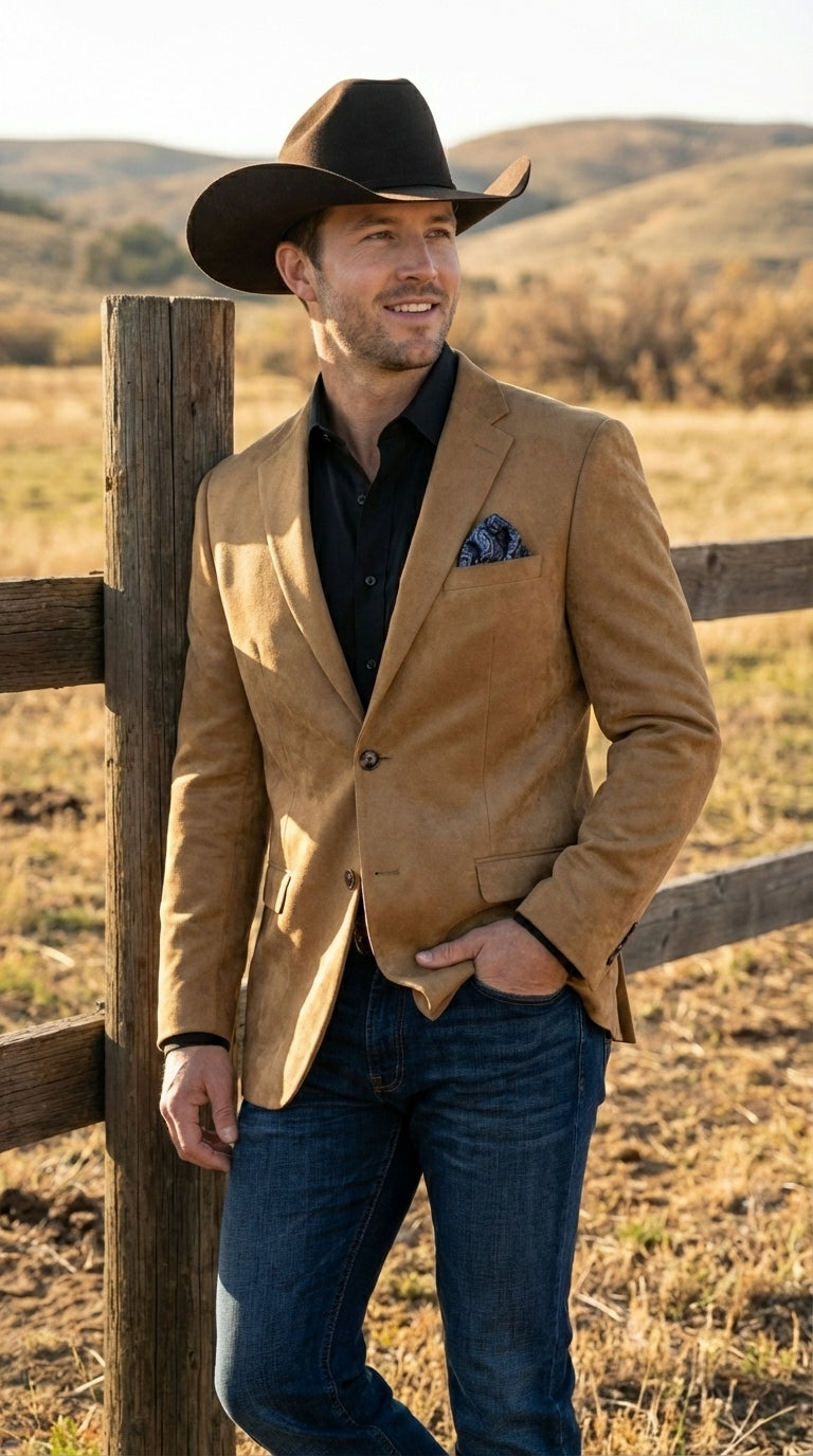 Men’s Camel Suede Cowboy Blazer with Elbow Patch – Camel Western Style Suede Sport Coat for Casual - 36 Short