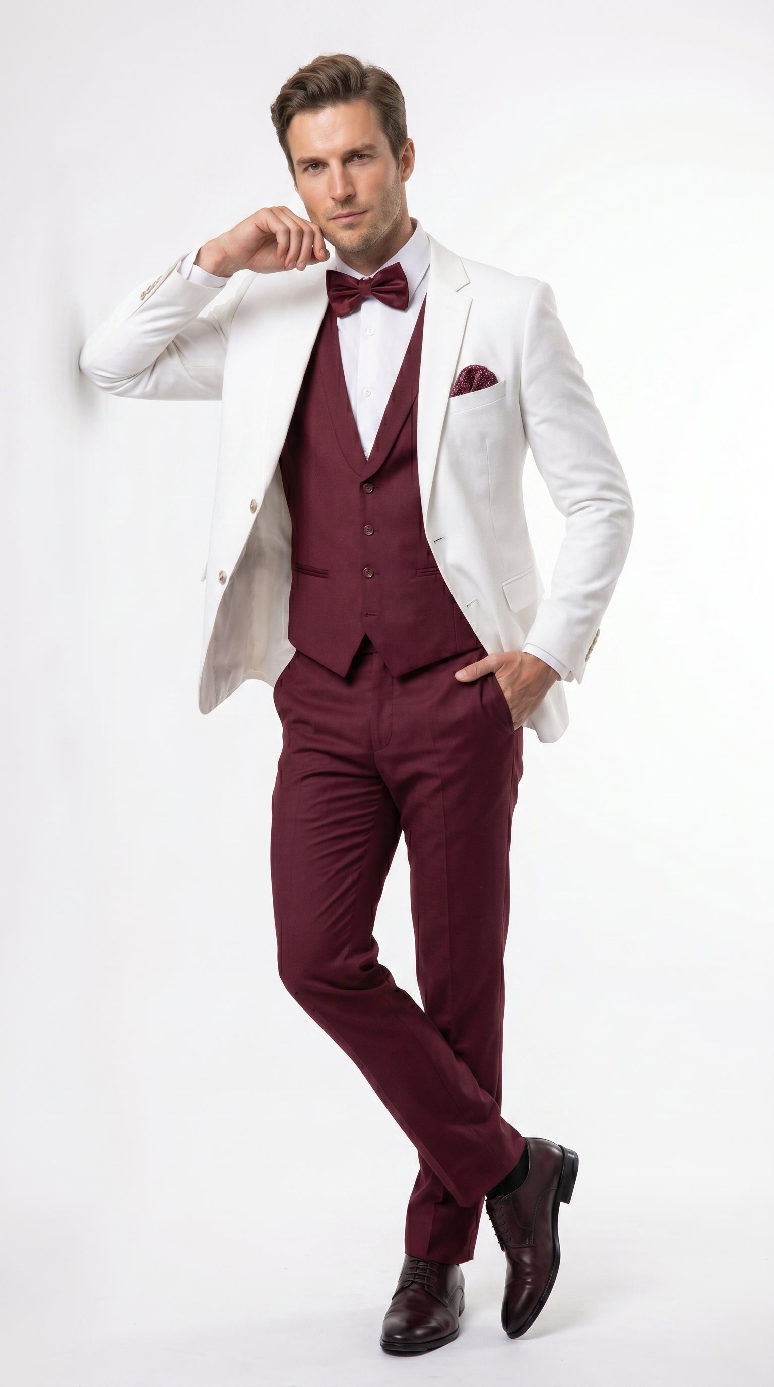 Men’s White and Burgundy 3 Piece Tuxedo Suit, Vested Formal Wedding Prom Dinner Suit Set bowtie included - 34 Short or Extra Small