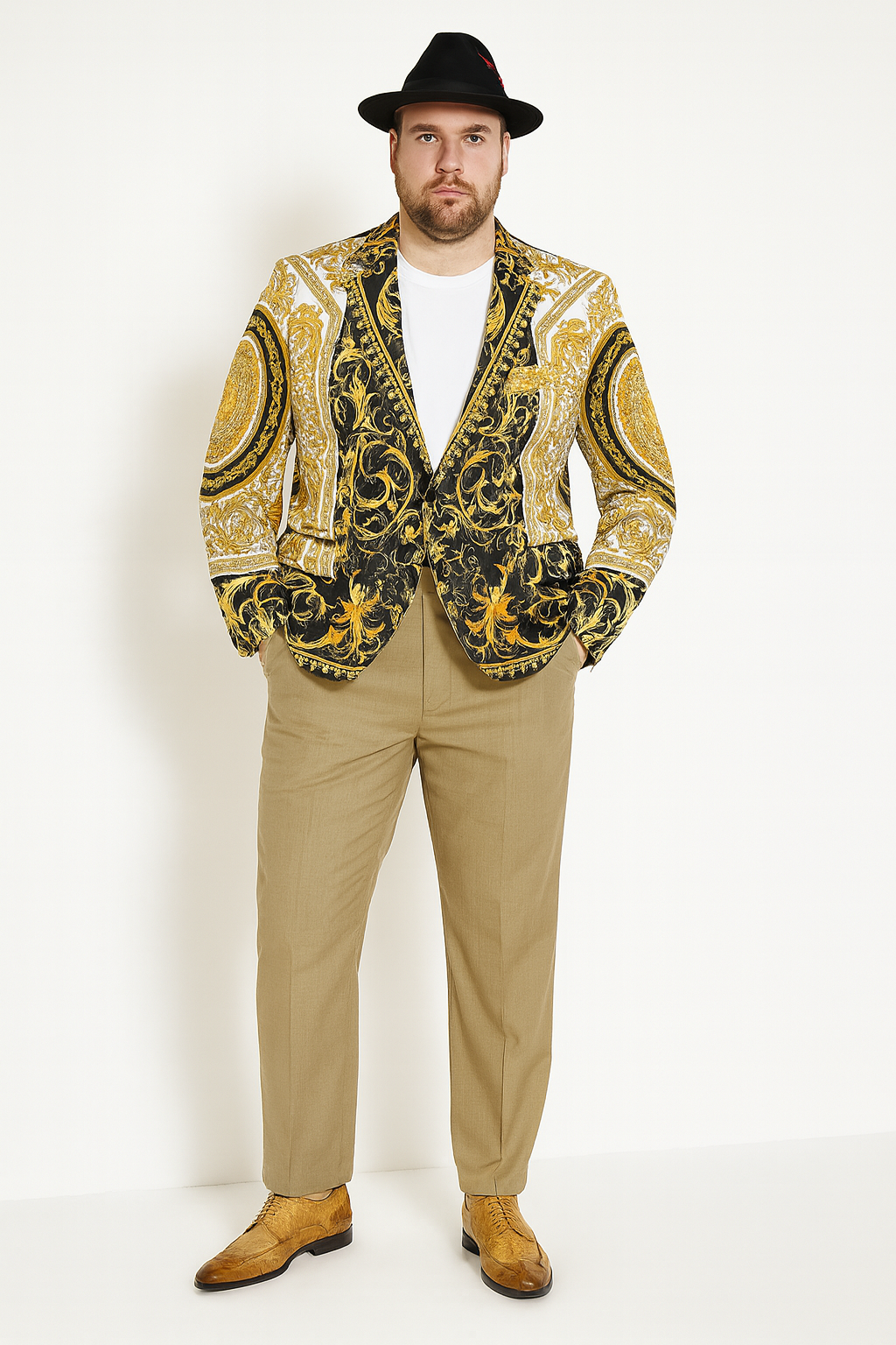 Men’s Black and Gold Baroque Blazer with Matching Pants, Hat, and Shoes – Luxury Party and Wedding Outfit Set - 36 Short