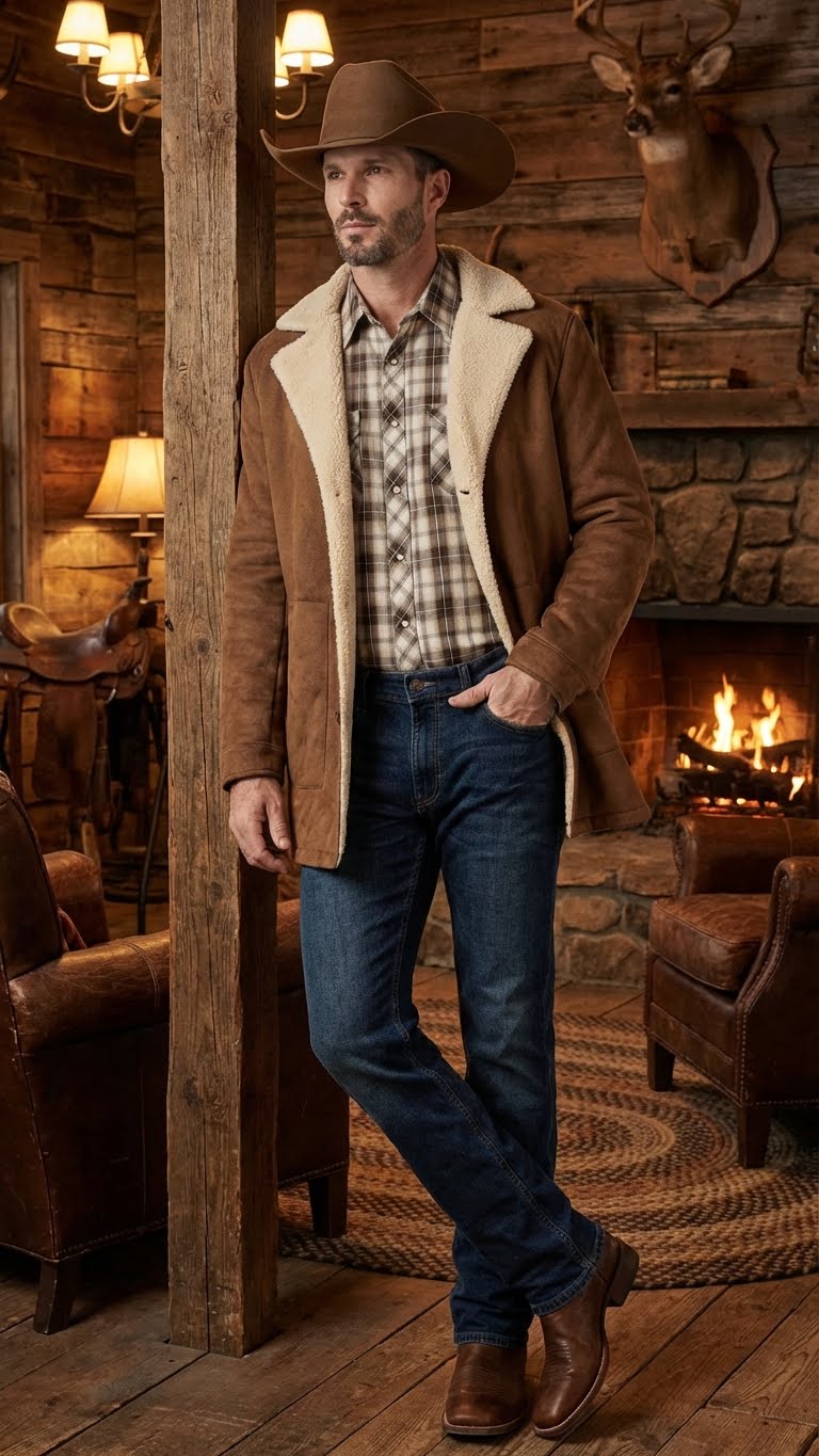 Mens Brown Western Faux Suede Blazer Coat Cowboy Style Long Jacket for Wedding, Party and Special Events