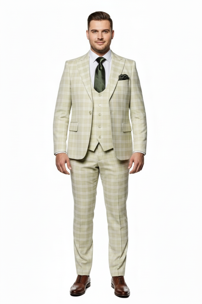 Mens Light Beige Check 3-Piece Suit Set  Premium Tailored Fit Formal Wedding and Spring Event Suit Light Tan Sand Color By Rossiman