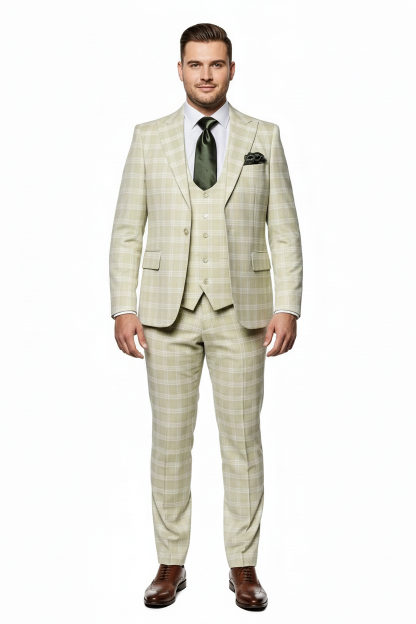 Men’s Light Beige Check 3-Piece Suit Set – Premium Tailored Fit Formal Wedding and Spring Event Suit Light Tan Sand Color By Rossiman - 34 Short or Extra Small
