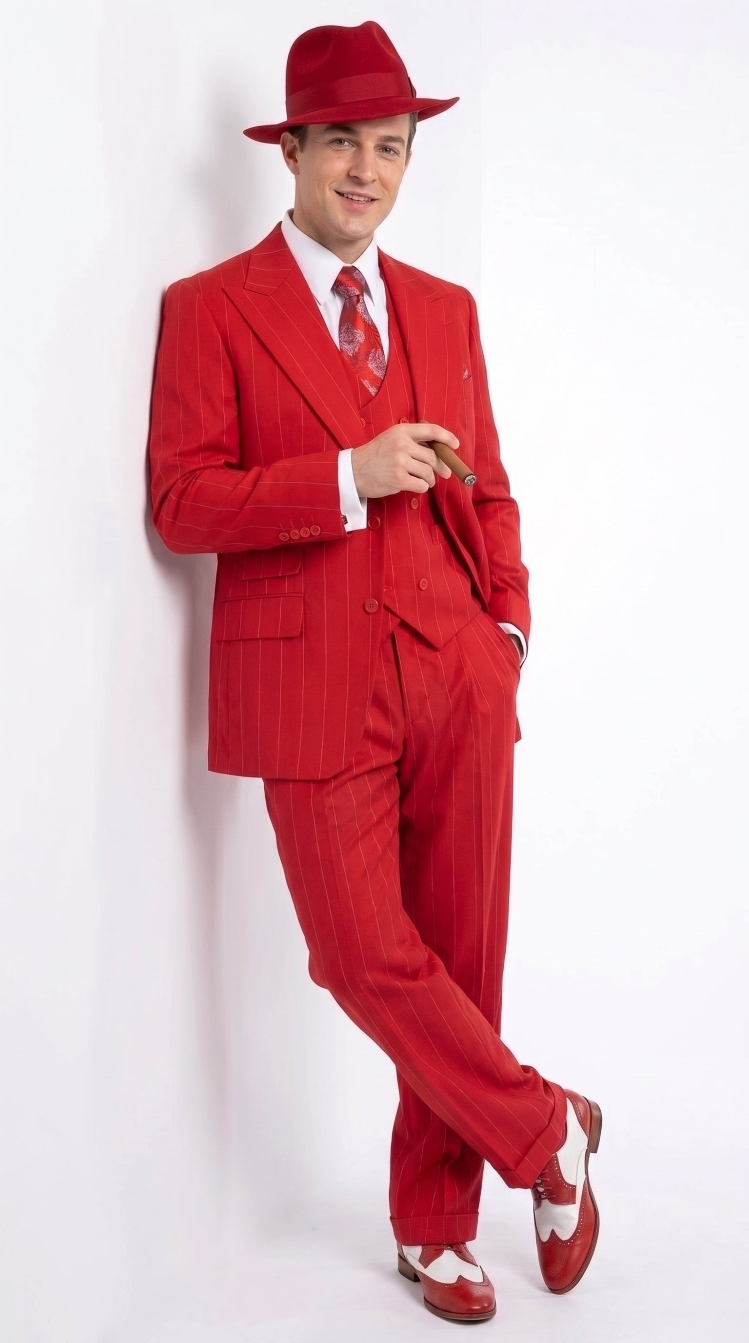 1920s Christmas Holiday Gangster Men’s Red Pinstripe 3-Piece Suit – Peak Lapel Classic Fit Pleated Pants - 34 Short or Extra Small
