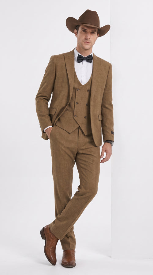 Men’s Light Brown Western 3-Piece Suit – Cowboy Wedding Suit with Vest British Khaki Bronze Color