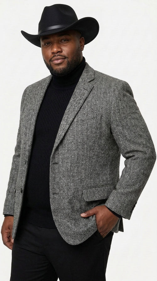 Men’s Grey Herringbone Winter Cowboy Blazer – Western Sport Coat Jacket