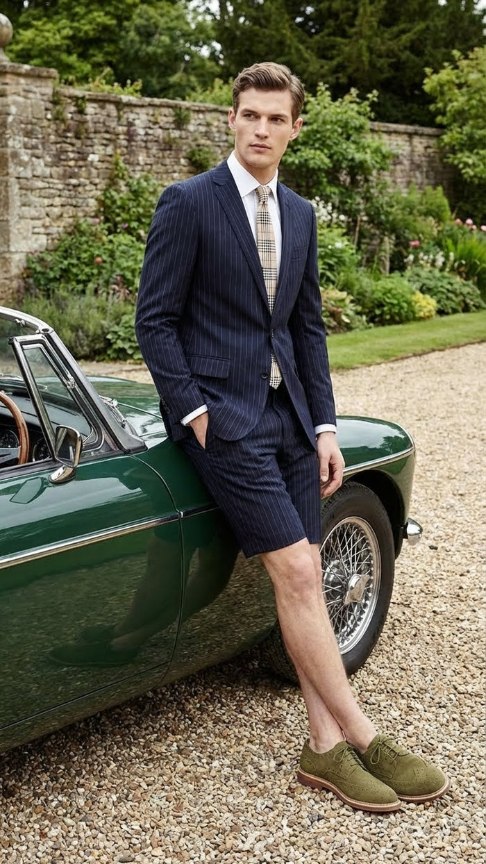 Mens Dark Navy Blue Pinstripe or Black Pinstripe  Summer Business Suit with Shorts Pants Set Sport Coat Style Formal and Casual Outfit
