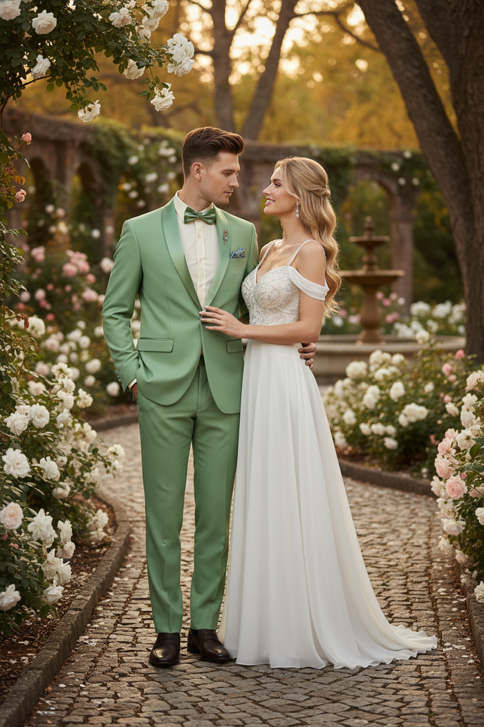Mens Mint Green Tuxedo 2-Piece Formal Suit with Satin Shawl Lapel and Matching Bow Tie in  Sage Green